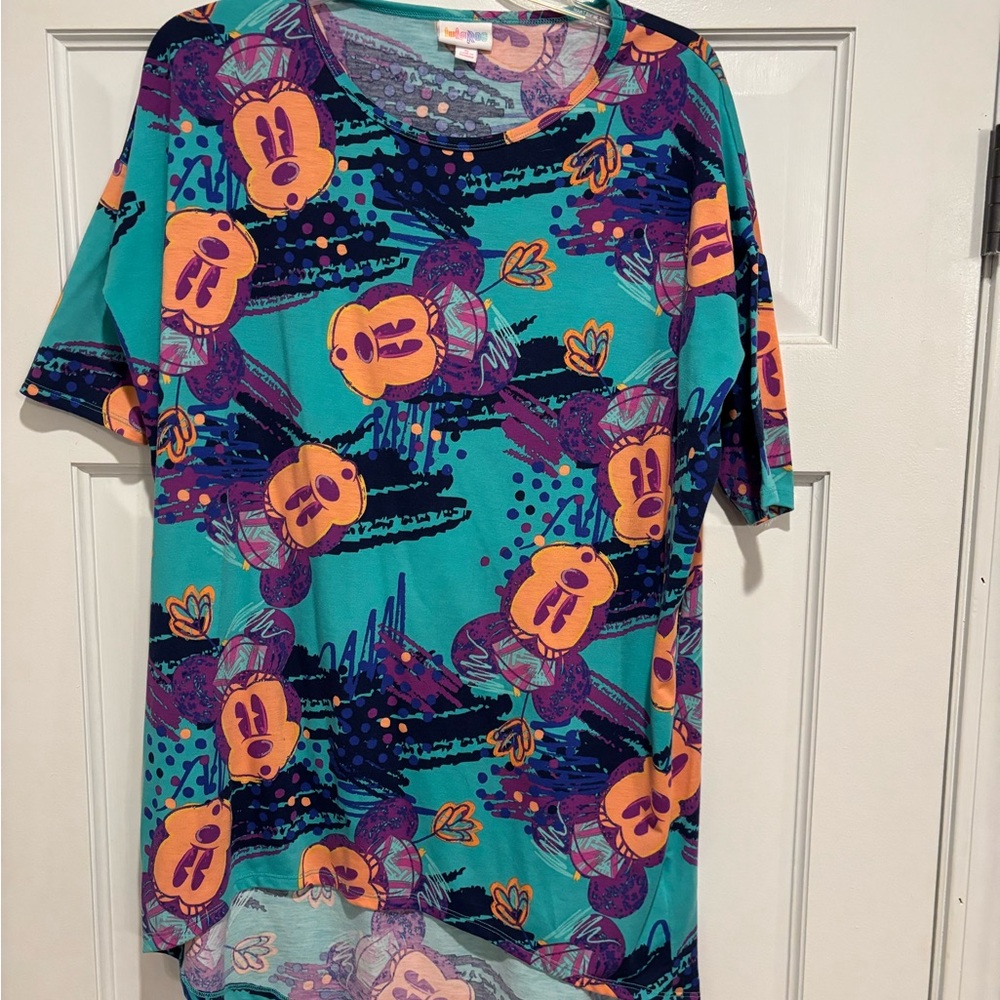 LuLaRoe Teal and Purple Graphic Short Sleeve Top Minnie Mouse Print